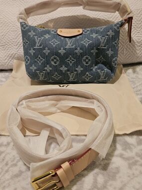 Denim Monogram Pochette Bag in Blue with Natural Leather Trim